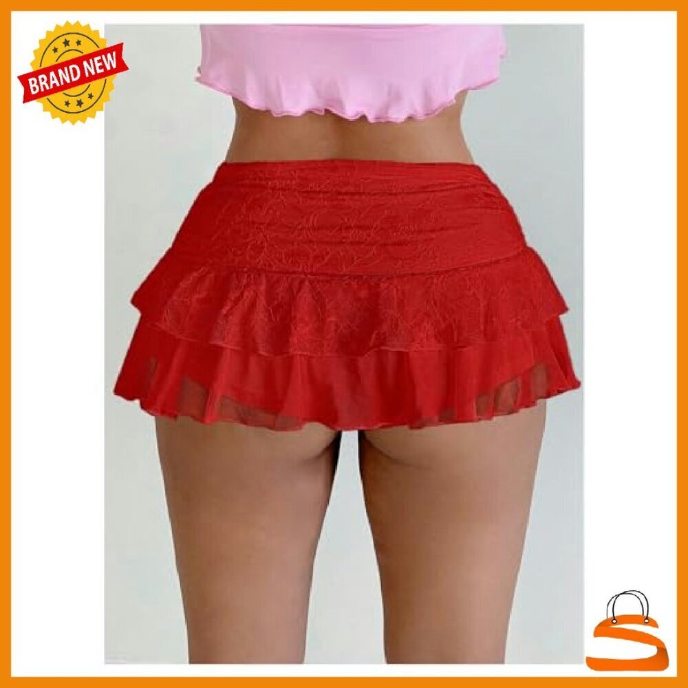 Lace Ruffle Mini Skirt Low Rise Ruched Y2K Style - Picture 3 of 7